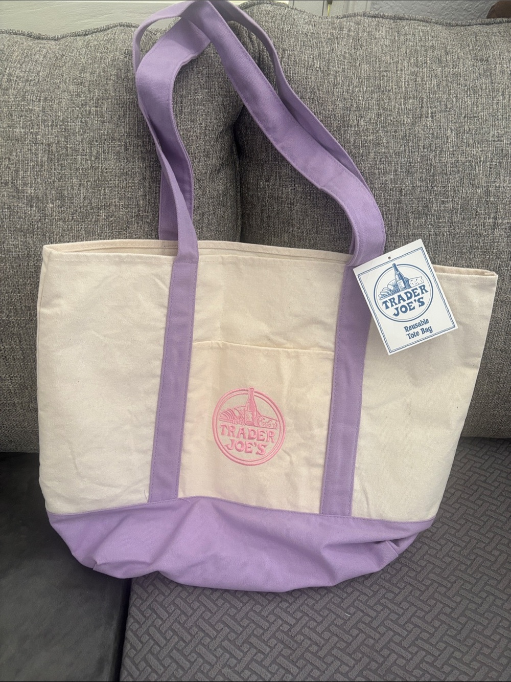 Trader Joe's Cream and Lavender Canvas Tote Bag with Pink Logo
